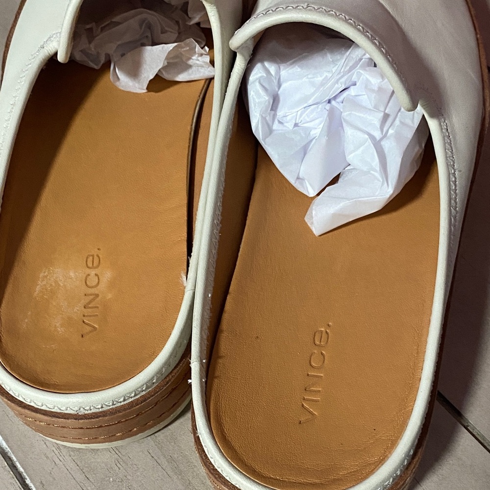 Vince White Leather Slip-On Mules with Tan Insole - Picture 5 of 9